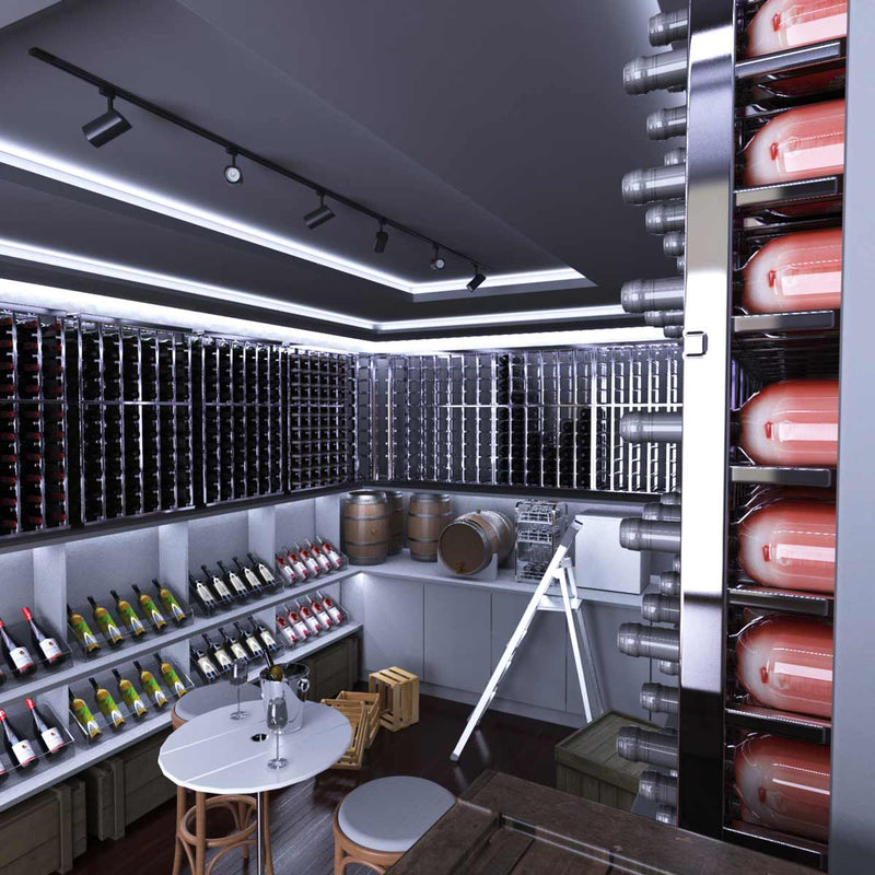 mid shot of a cellar with cool white light