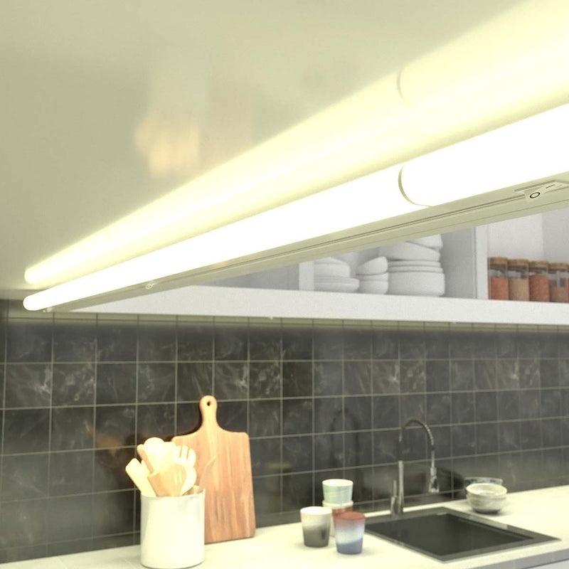 Warm glow from a T5 under-cabinet light.