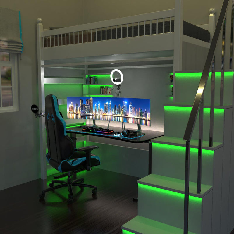 game room with green strip lights