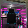 game room with pink strip lights