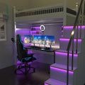 game room with violet strip lights