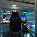 game room with aqua strip lights