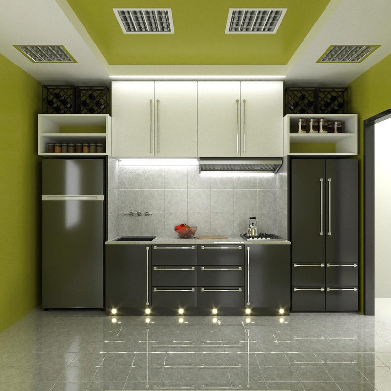 Full shot of a kitchen with mounted square LED plinth lights with warm white light
