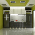 Full shot of a kitchen with mounted square LED plinth lights with warm white light