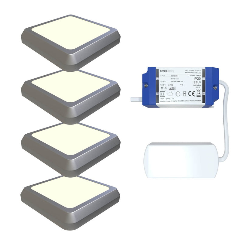 Four square LED plinth lights with warm white light and 8W LED power supply