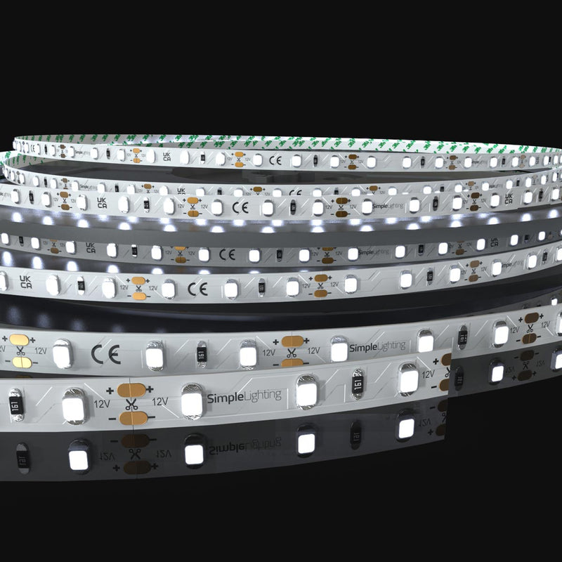 Cool white led tape on a black background, zoomed into the pcb