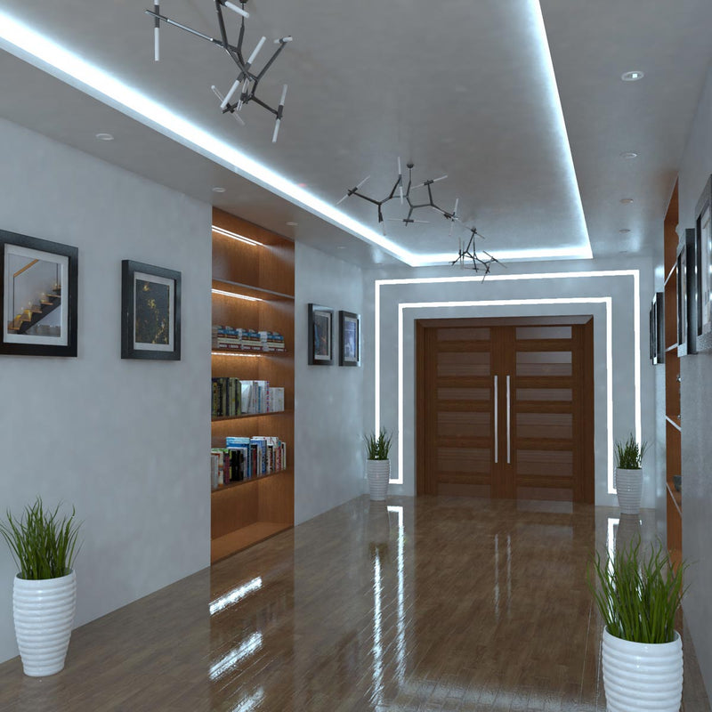 Hall way with cool white led tape in the ceiling and book case - angle 2