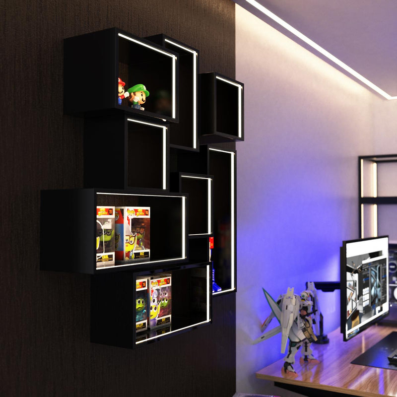 close up of a display wall with LED strip lights and profile