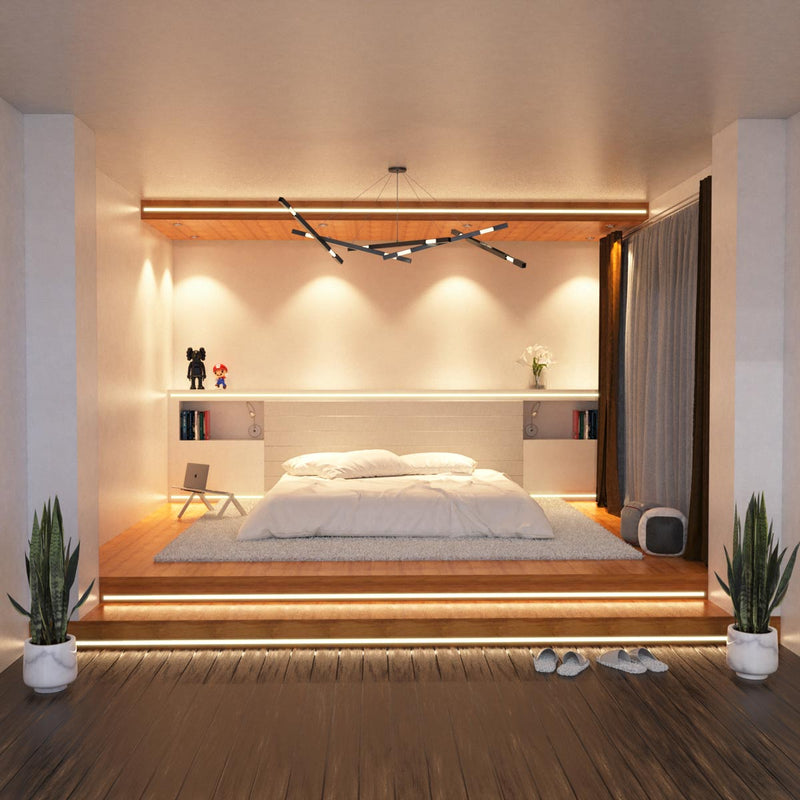 full shot of a bedroom with recessed LED profiles