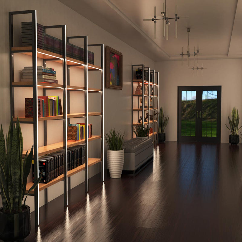 hallway with shelving unit with surface-mounted LED profiles