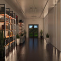full shot of a hallways with shelving unit with surface-mounted LED profiles