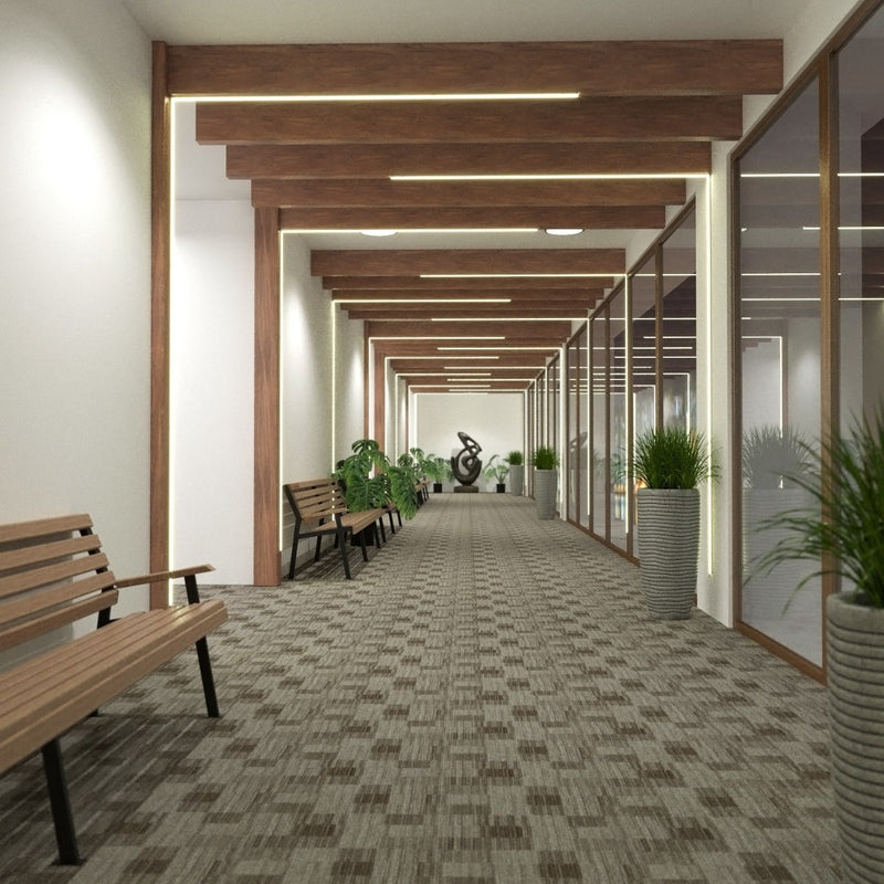 full shot of a hallway with mounted 1-metre shallow LED profiles