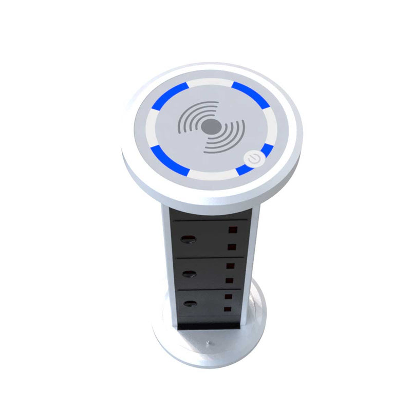 Top view of a open popup plug socket with three outlets, two UDB port, and a QI charger