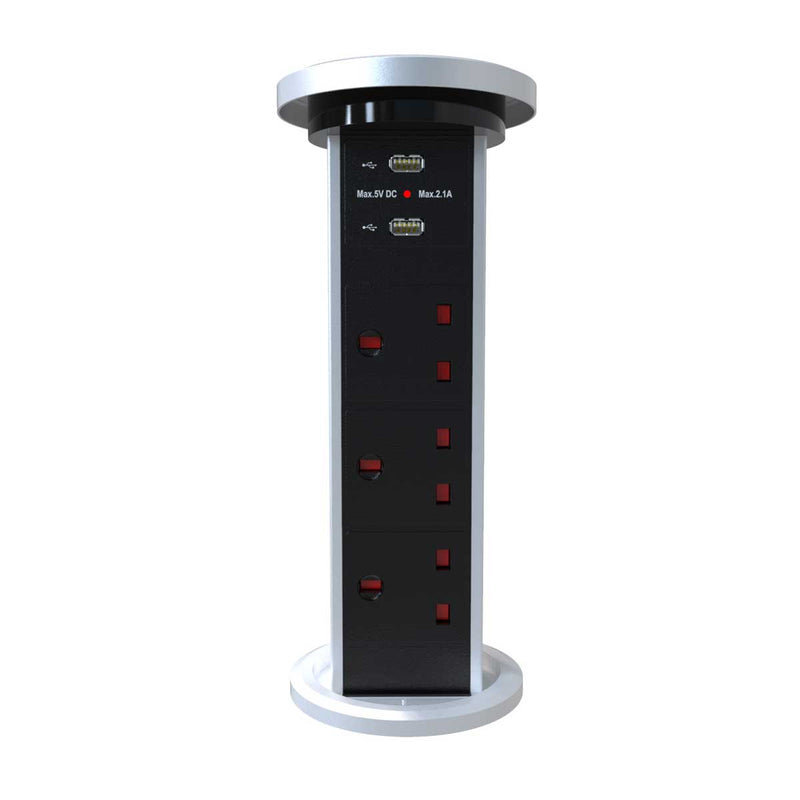 Full shot of an open popup plug socket with three outlets and two UDB port