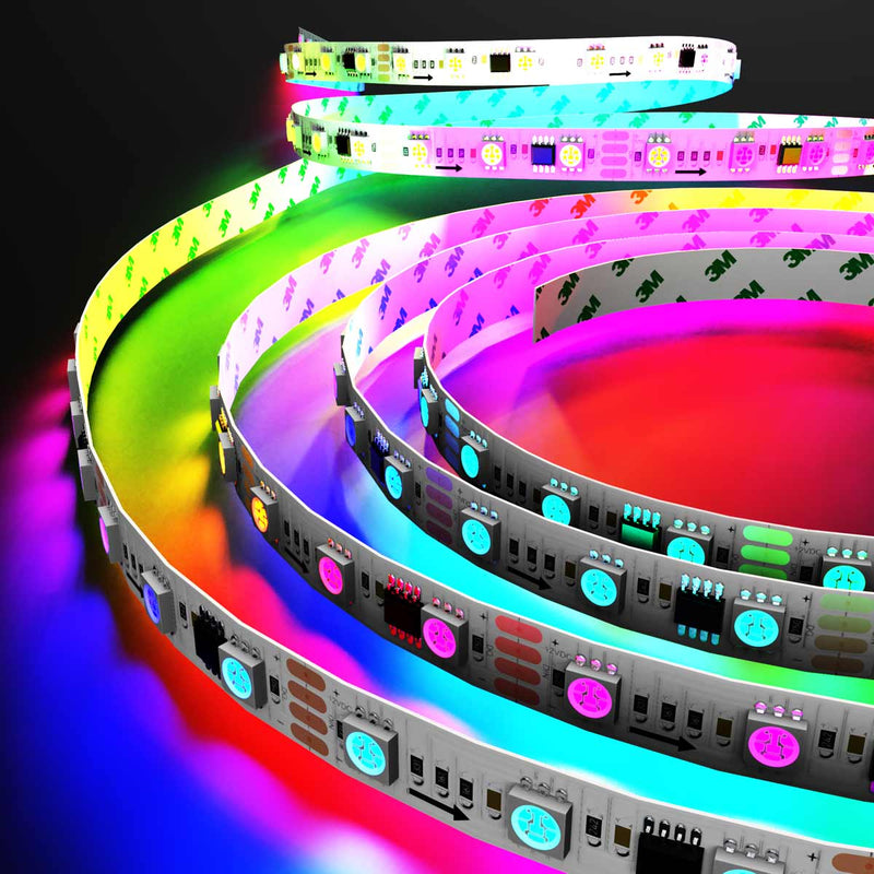 very close up view of Ws2811 LED Strip, with chasing, digital effect