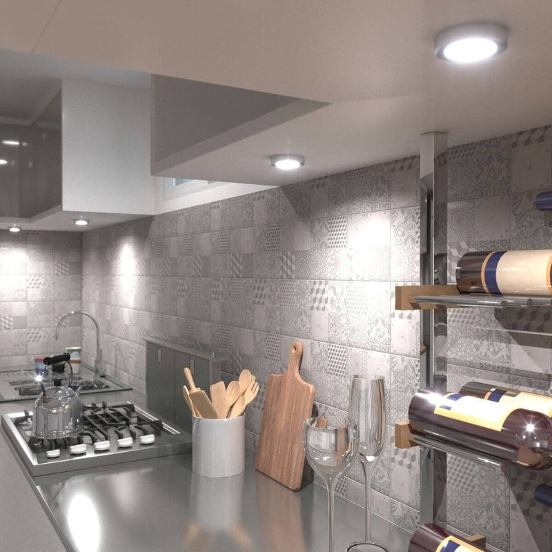 Kitchen demo of cool white round, surface mounted LED Lights