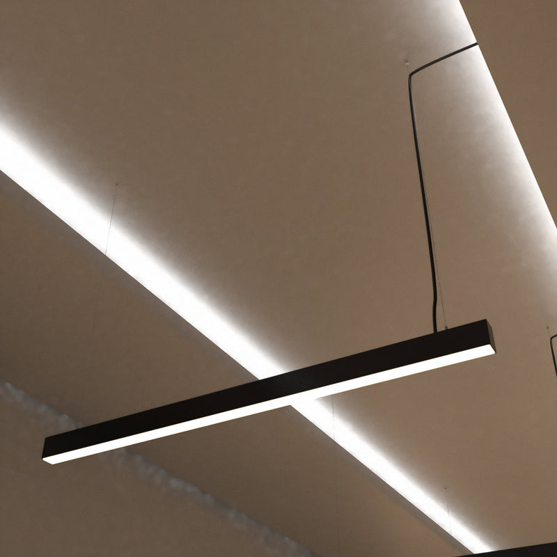 Suspended 5FT (150cm) LED Linear Light with a Black Finish in warm white light
