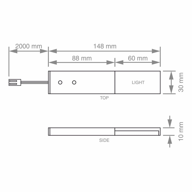 Outline with dimensions of an LED Over/Under-Cabinet Light
