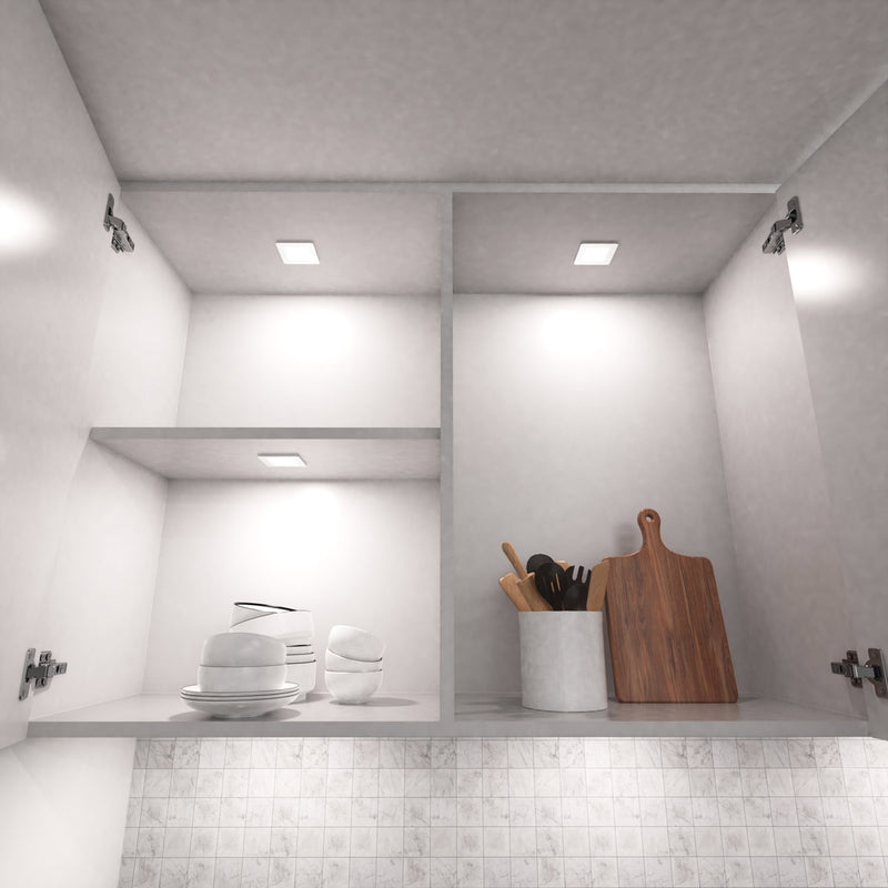 Inside the cupboard with slim square under cabinet lights