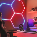 24 LED tube lights in a hexagon design installed in a game room wall