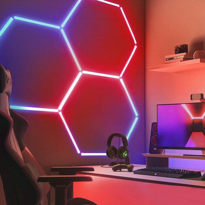 24 LED tube lights in a hexagon design installed in a game room wall