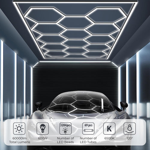 69 LED tube lights in a hexagonal pattern mounted on the ceiling