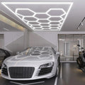 69 LED tube lights in a hexagonal pattern installed in a garage