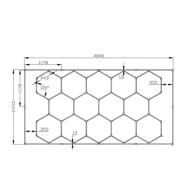69 LED tube lights in a hexagonal pattern with measurements