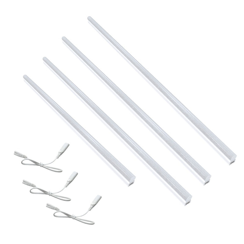 The kit includes three 1175mm and one 875mm T5 LED under-cabinet lights and three 500mm link cables.