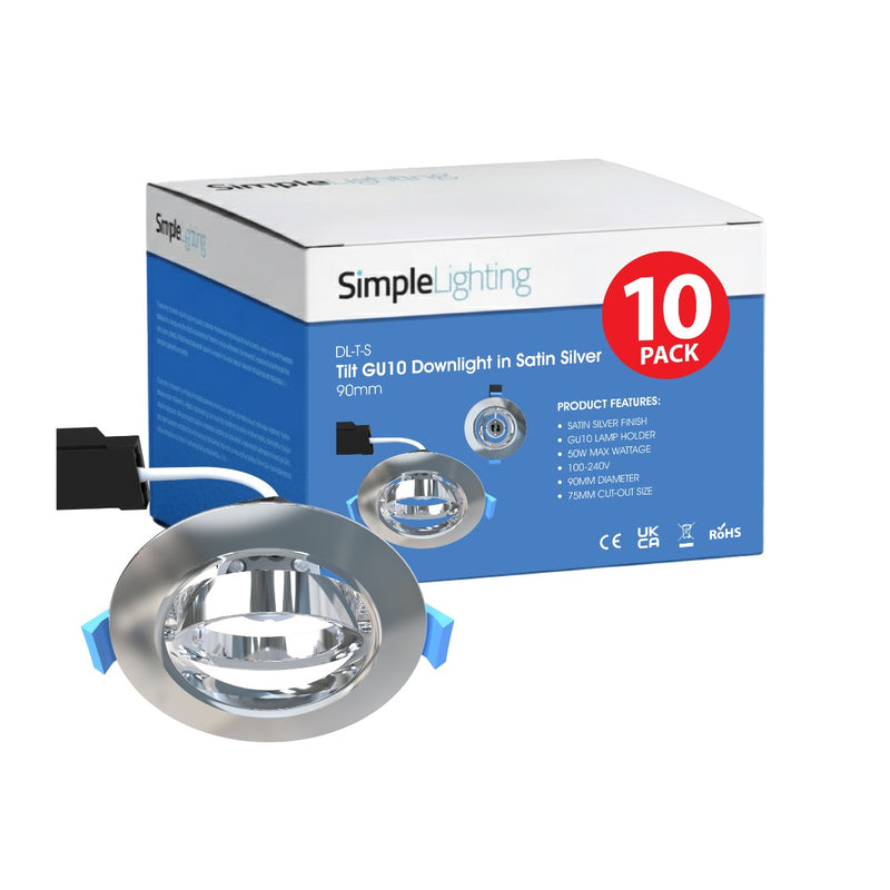 Pack of 10 Tilt GU10 Downlights, Satin Silver