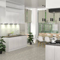 Full shot of a kitchen with four triangle under cabinet lights with a warm white light