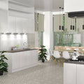 Full shot of a kitchen with four triangle under cabinet lights with cool white light