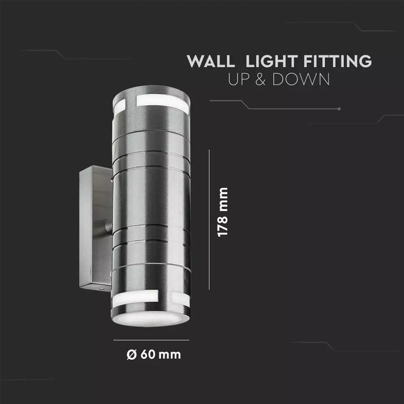 Full Dimension of Twin GU10 Wall Light Fitting, Stainless Steel, IP44 Up/Down