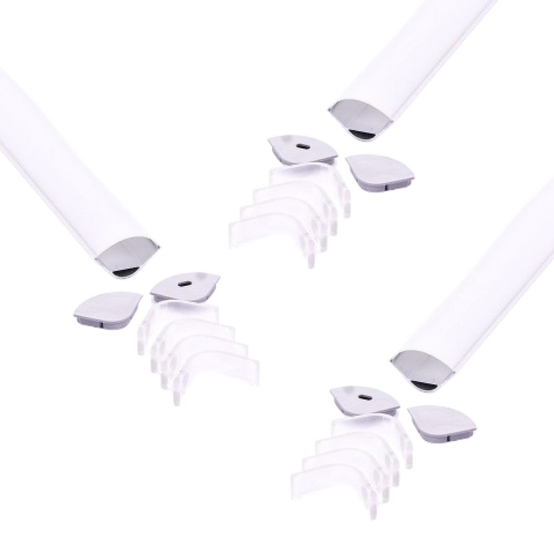 Three sets of corner mounting aluminium LED profiles with white diffusers laid out on a white surface with their included mounting brackets and end caps.