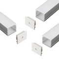 A set of three profile egdes with their end caps on a white background.