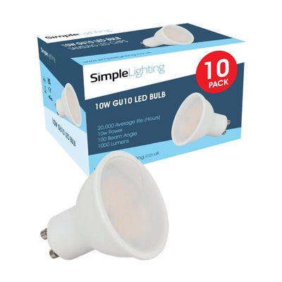 Pack of 10 GU10 10w LED Bulbs - Cool, Natural or Warm White Light