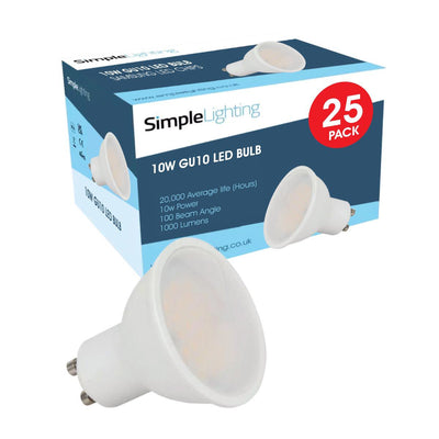 Pack of 25, 10w LED GU10 Bulbs in a Cool, Natural or Warm White Light