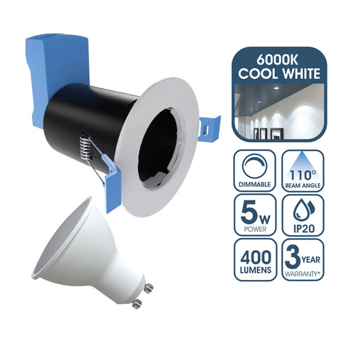 Fire Rated Downlight, GU10, Fixed - White Finish With a 5w Dimmable Cool White GU10 Bulb