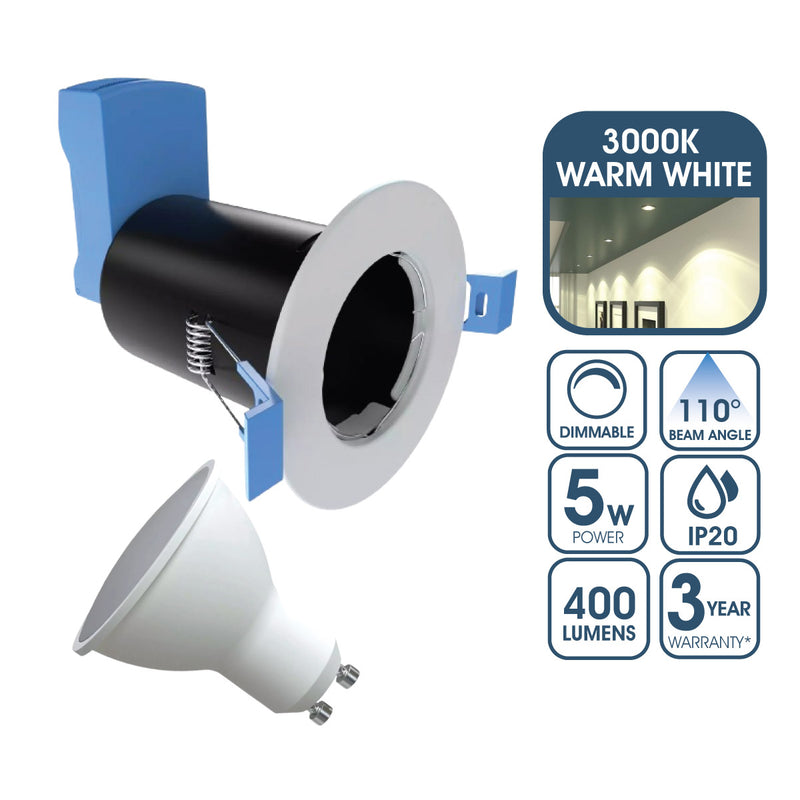 Fire Rated Downlight, GU10, Fixed - White Finish With a 5w Dimmable Warm White GU10 Bulb