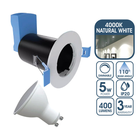 Fire Rated Downlight, GU10, Fixed - White Finish With a 5w Dimmable Natural White GU10 Bulb