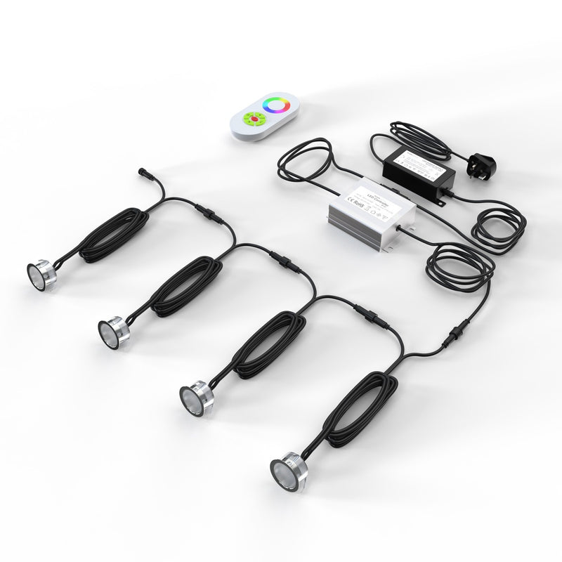 Pack of 6 RGB 39.5mm LED Decking Lights – 12V IP67 Colour Changing with Controller