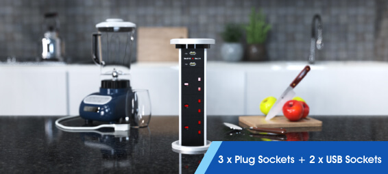 motorised pop up plug socket - 3 x plug sockets and 2 x usb ports